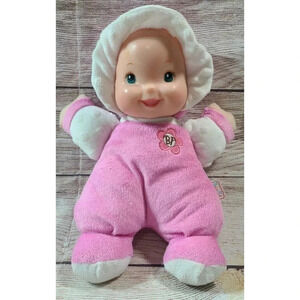 Vintage Minky So Soft Babys First Plush Doll Pink White Rattle Vinyl Face 12"